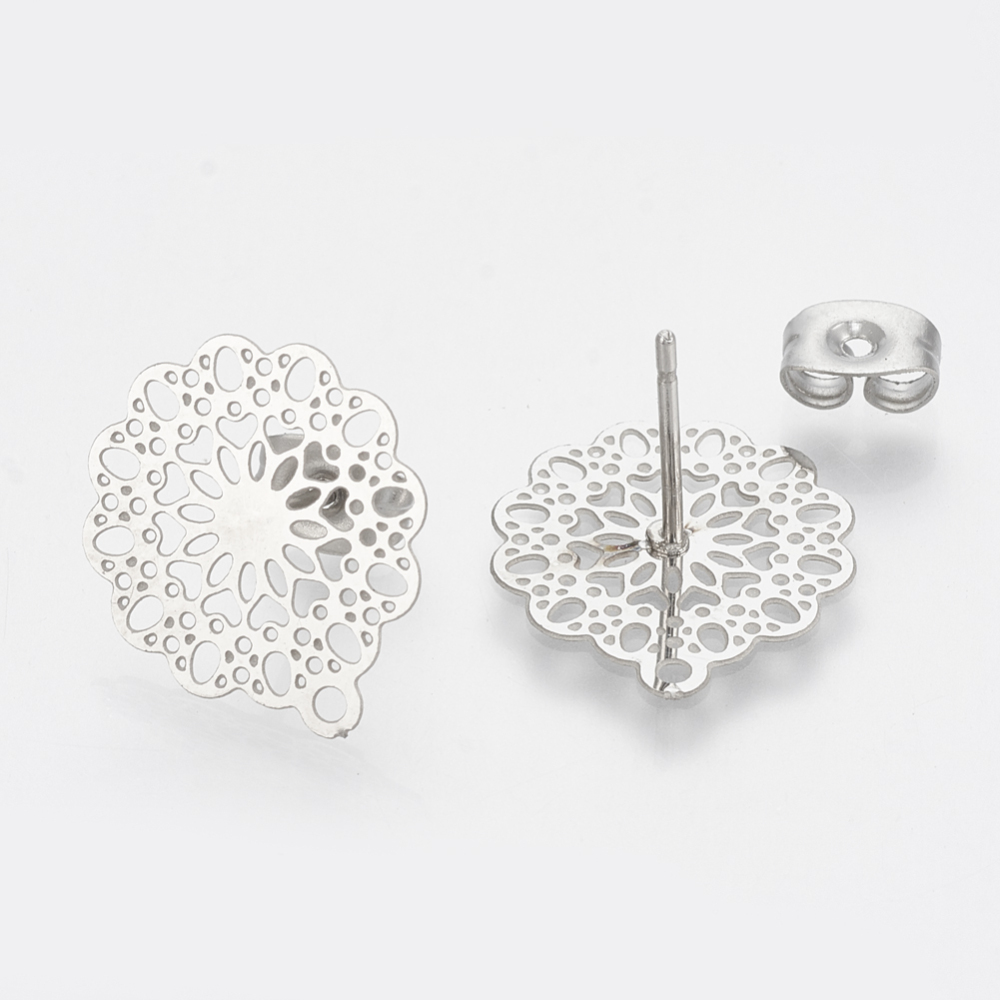 304 Stainless Steel Ear Posts with Filigree Flower & Heart Front (with ...